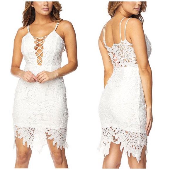 CLEARANCE White Crochet Palm Midi Lace Cocktail Dress - Picture 1 of 2
